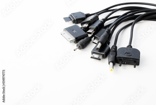 different types of charger connectors for phones, on a white background photo