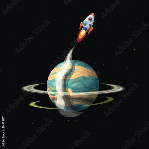 space craft flying out orbit to space