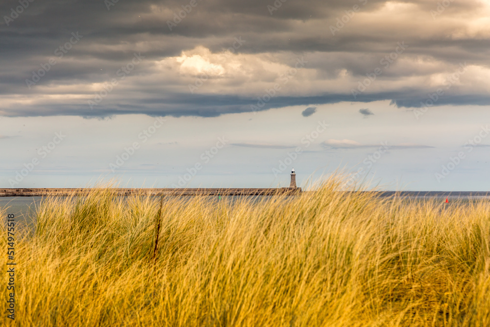 The old, red, wooden Herd Groyne Lighthouse in South Shields, stands out against the cloudy sky
