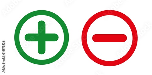 Plus and minus vector. Green and red icon. Vector illustration.