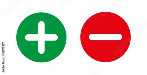 Plus and minus vector. Green and red icon. Vector illustration.