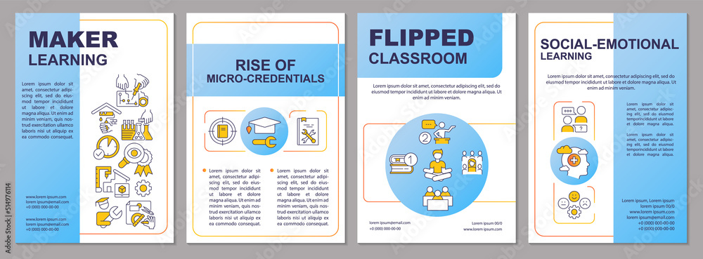Trends in education blue brochure template. Leaflet design with linear icons. Editable 4 vector layouts for presentation, annual reports. Arial-Black, Myriad Pro-Regular fonts used