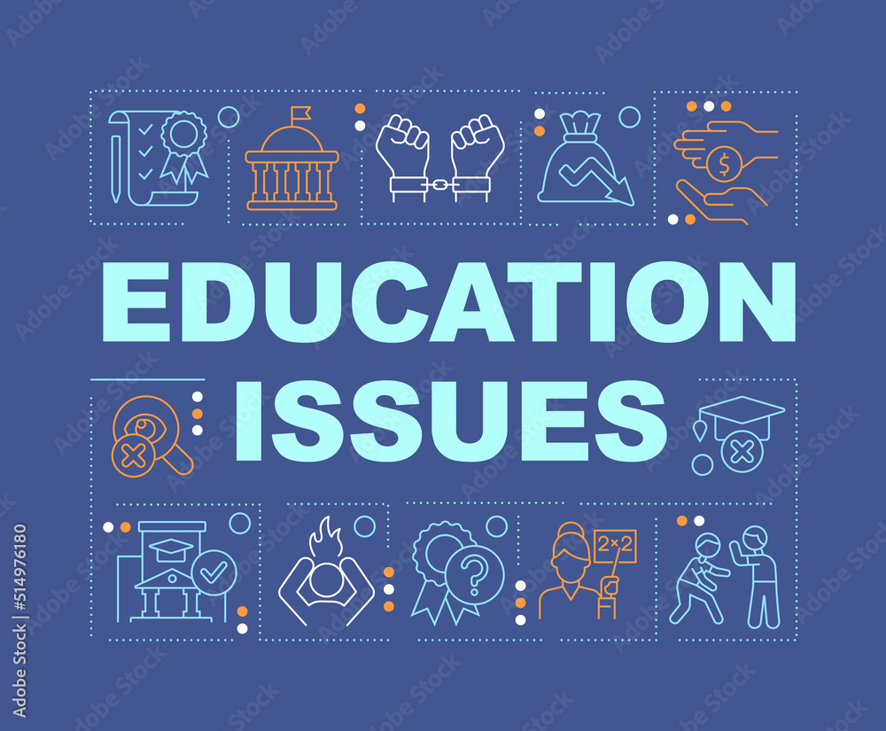 Education issues word concepts dark purple banner. Studying problems. Infographics with editable icons on color background. Isolated typography. Vector illustration with text. Arial-Black font used