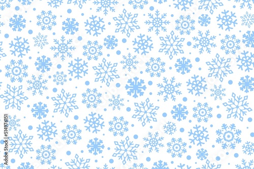 Blue Snowflakes on white background  vector Seamless Pattern. Falling Snowflakes on white backdrop. Concept of Winter holiday.