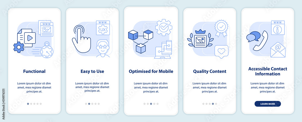 Good website characteristics light blue onboarding mobile app screen. Walkthrough 5 steps editable graphic instructions with linear concepts. UI, UX, GUI template. Myriad Pro-Bold, Regular fonts used