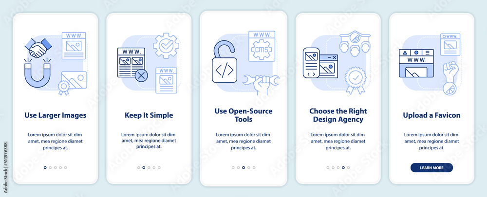 Building professional website light blue onboarding mobile app screen. Walkthrough 5 steps editable graphic instructions with linear concepts. UI, UX, GUI template. Myriad Pro-Bold, Regular fonts used