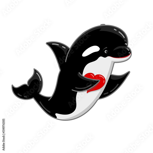 cute killer whale character. black orca with red heart cartoon illustration isolated on white. lovely underwater wild sea animal. shark dolphin funny personage for mascote, stiker, poster, card design