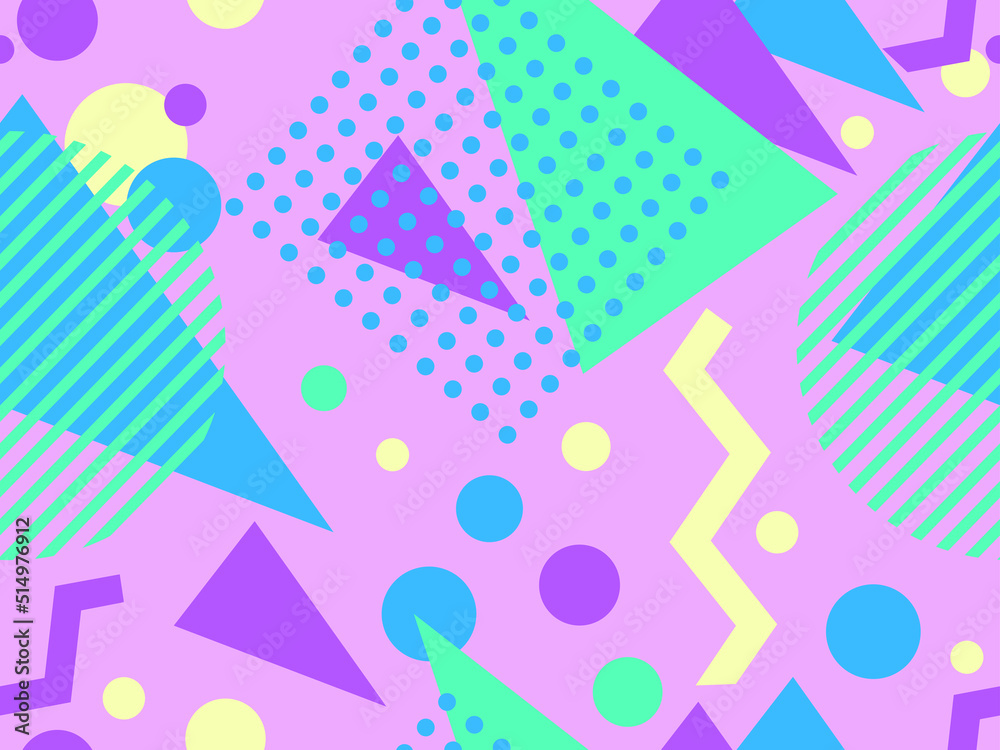 Geometric seamless pattern in 80s style. Background with colorful geometric shapes in memphis style. Design of promotional products, wrapping paper and printing. Vector illustration Geometric seamless pattern in 80s style. Background with colorful geometric shapes in memphis style. Design of promotional products, wrapping paper and printing. Vector illustration