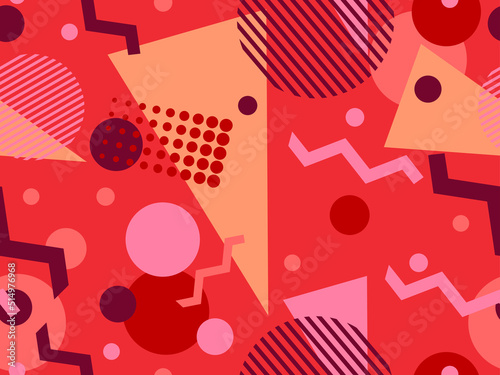 Memphis seamless pattern with geometric shapes in 80s style. Colorful geometric pattern. Design of promotional products, wrapping paper and printing. Vector illustration