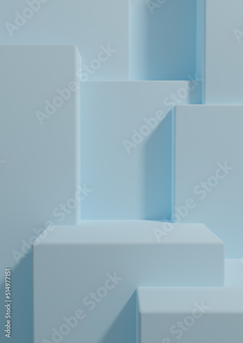 Light, pastel, baby blue 3D rendering product display wallpaper with podium or stand good fore one or two luxury products on simple, minimal, abstract, geometry product photography background