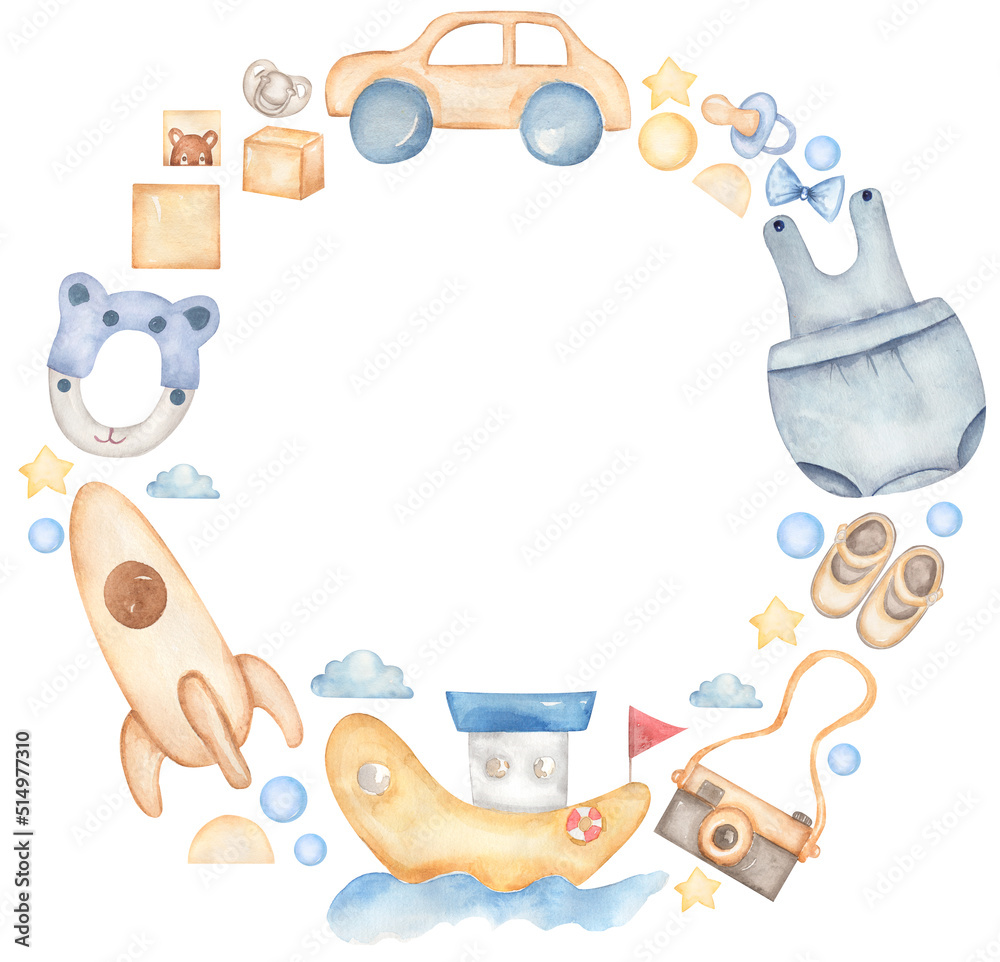 Baby Toys Wreath Clipart, Watercolor Kids Frame, Vintage Nursery Eco