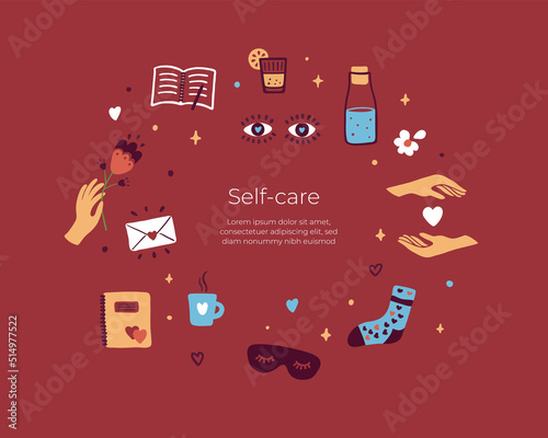 Self care template, isolated vector icons. Love yourself, relax concept. Sign diary, letter, sleeping mask, female hands, flower, heart, bottle, sock. Selfcare stickers, design elements, illustration