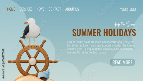 A seagull sits on the steering wheel of a ship, sand with a shell. Vector illustration, cartoon nautical style, vacation, travel concept. For web template, website interface, landing page