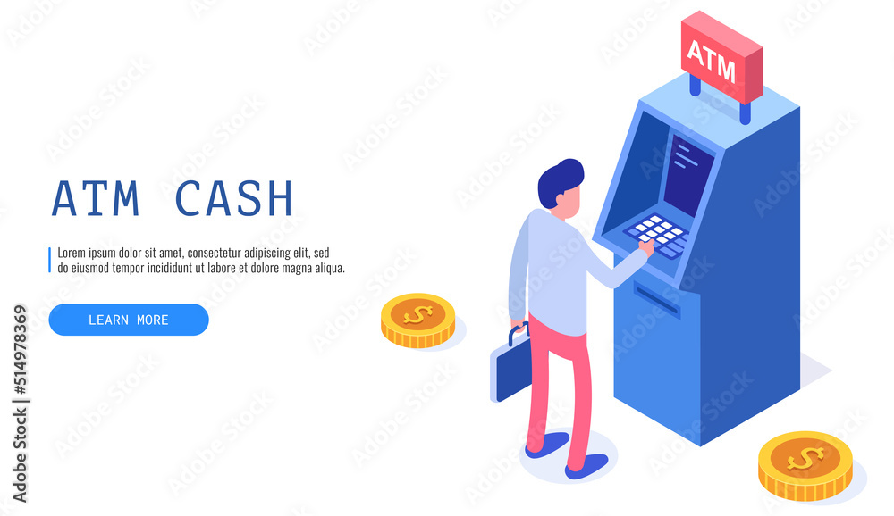 ATM service. Man customer standing near ATM machine and trying to withdraw cash. Web banner. Vector illustration.. ATM service. Man customer standing near ATM machine and trying to withdraw cash. Web banner. Vector illustration..