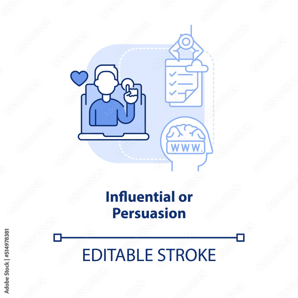 Influential and persuasion light blue concept icon. Categories of websites abstract idea thin line illustration. Isolated outline drawing. Editable stroke. Arial, Myriad Pro-Bold fonts used
