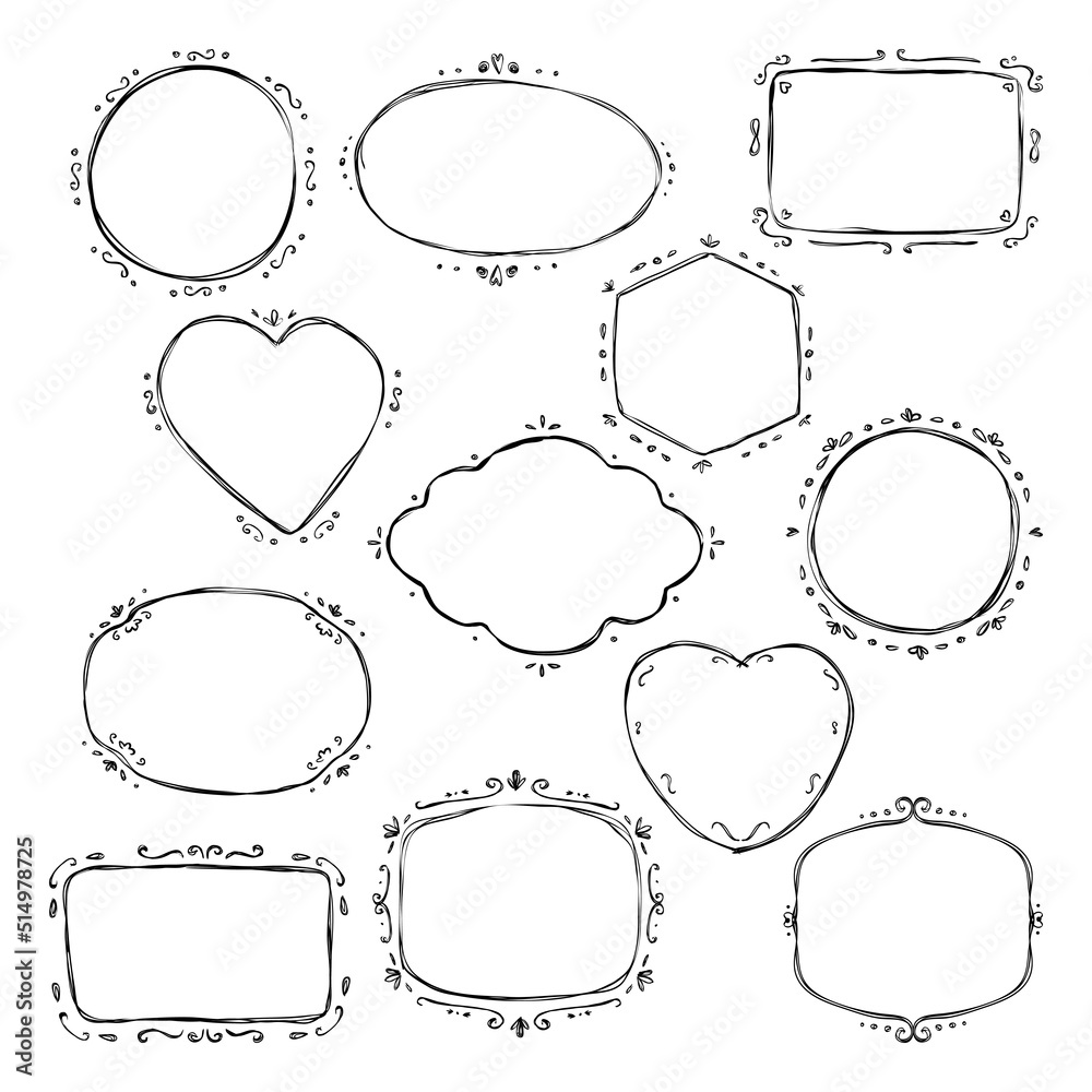 Vector set of hand drawn frames in graphic style. Collection of isolated hearts, circles etc. For packaging templates, labels, tags or stamps and badges, cards invitations stickers, banner, branding. Vector set of hand drawn frames in graphic style. Collection of isolated hearts, circles etc. For packaging templates, labels, tags or stamps and badges, cards invitations stickers, banner, branding.
