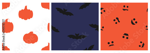 Vector set of simple seamless patterns with bats and pumpkins. For halloween decoration and invitations, fabric, textile and print, web page background, gift and wrapping paper, wallpapers and decor