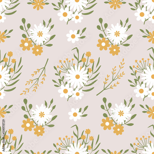 Wildflowers seamless pattern. Spring floral background for textile, wallpaper, and clothing. Gentle repeating texture. 