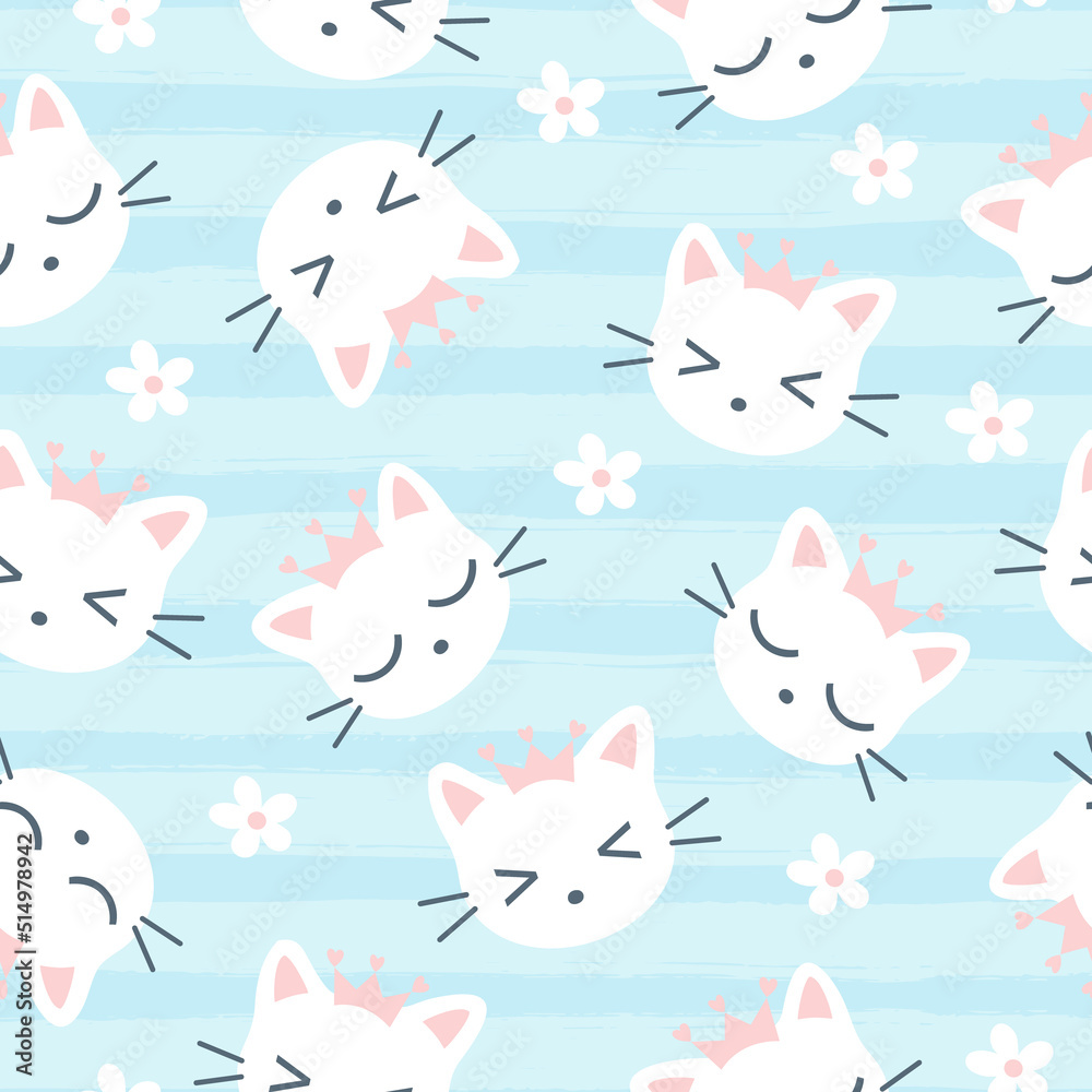 Cute kitten with flower on stripe background. Seamless pattern with cartoon animals faces. Childish print for nursery. Vector illustration in pastel colors