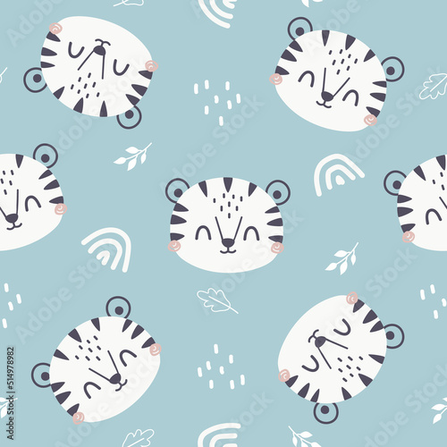 Hand drawn seamless pattern with cute tiger. Creative scandinavian background. Cartoon animals background. design for, wallpaper, wrapping, fabric, and all your creative project