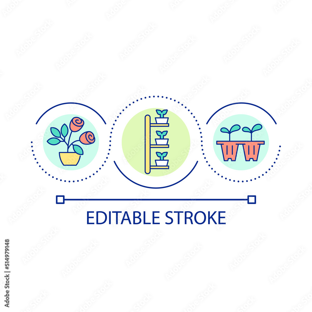 Decorative plants in pots loop concept icon. Container gardening. Growing potted flowers abstract idea thin line illustration. Isolated outline drawing. Editable stroke. Arial font used Decorative plants in pots loop concept icon. Container gardening. Growing potted flowers abstract idea thin line illustration. Isolated outline drawing. Editable stroke. Arial font used