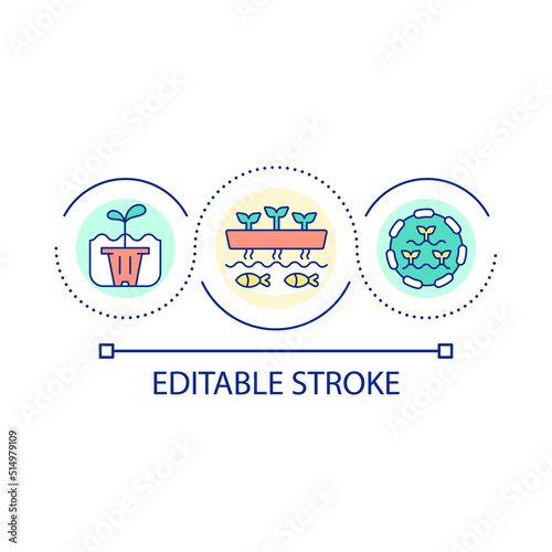 Aquaponics and hydroponics loop concept icon. Water gardening. Pond with plants and fish abstract idea thin line illustration. Isolated outline drawing. Editable stroke. Arial font used
