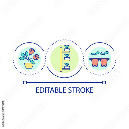 Decorative plants in pots loop concept icon. Container gardening. Growing potted flowers abstract idea thin line illustration. Isolated outline drawing. Editable stroke. Arial font used