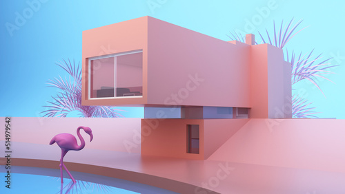 minimalistic modern private house exterior in pink with flamingos © petrovk
