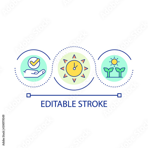 Sunny hours for plants loop concept icon. Sunlight for better growth. Gardening and husbandry abstract idea thin line illustration. Isolated outline drawing. Editable stroke. Arial font used