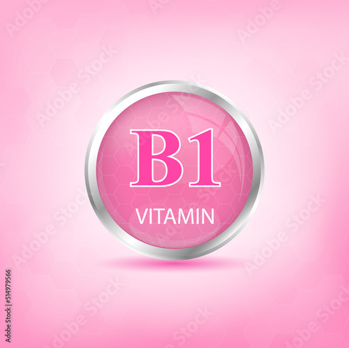 Vitamin B1 icon structure pink substance.  Personal care, beauty concept. Medicine health symbol of thiamine. Drug business concept. Vector Illustration. 3D Vitamin complex with chemical formula