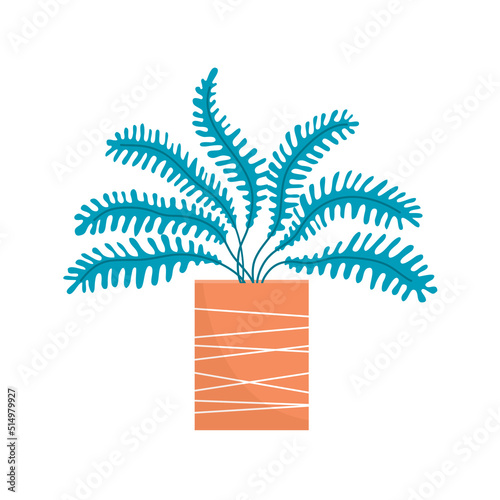 Flower pot with decorative fern. Home and office plant. Object of a room interior. Flat vector illustration isolated on white background