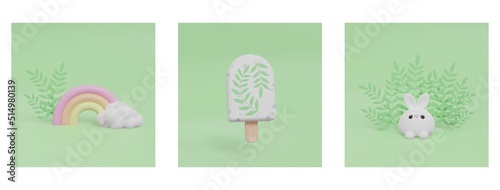 Set cute light green cards isolated on white background. Cartoon green plants and branches. Pastel rainbow, glitter ice cream on stick and white bunny. Spring kids 3d rendering illustration for holida