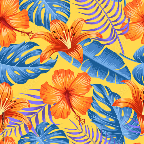 Floral seamless pattern with leaves. tropical background