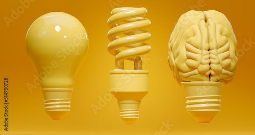 Incandescent, energy saving and human brain light bulbs over yellow background. Concept of evolution, inspiritation, creativity, idea, education, innovation and energy. 3D rendering.