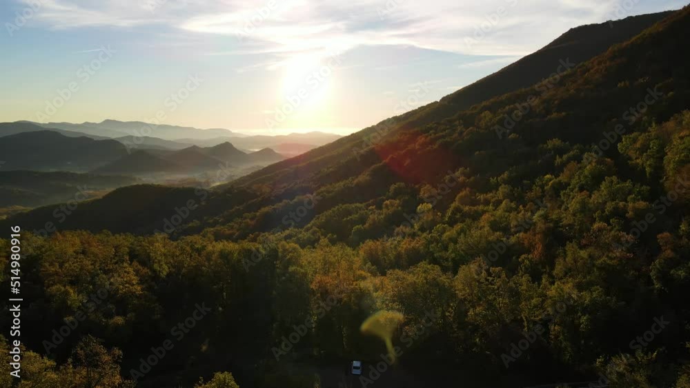 Aerial scene with drone of the autumn landscape in La Vall D En Bas, La Garrotxa, Girona, Spain. 4K UHD