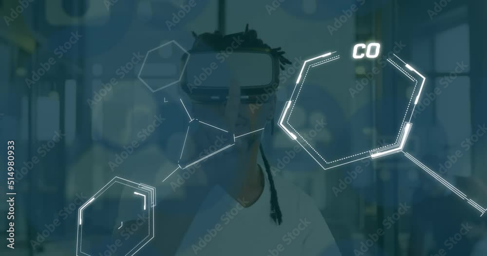 Animation of data processing and media icons over biracial man using vr headset Animation of data processing and media icons over biracial man using vr headset