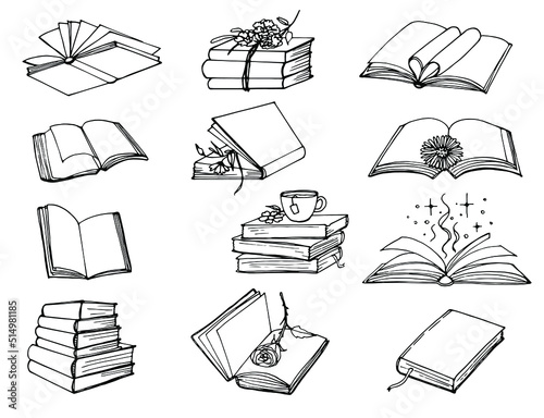  set of vector line art cute book. doodle coloring page