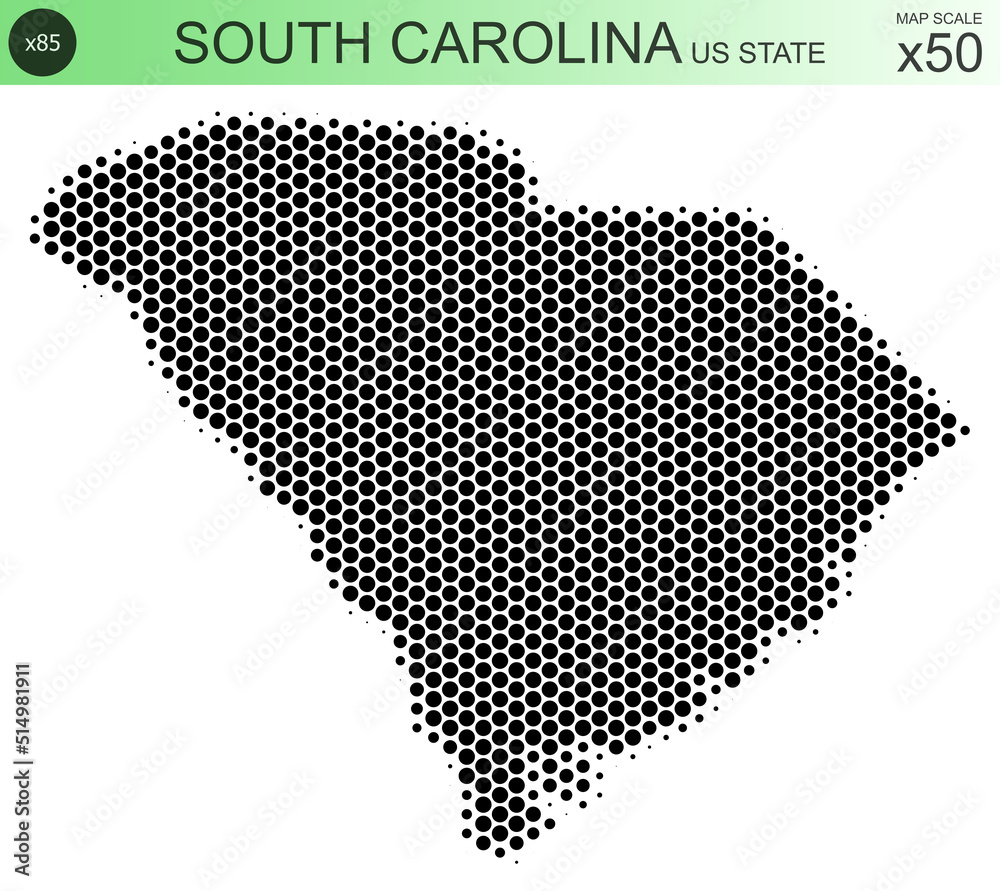 Dotted map of the state of South Carolina in the USA, from circles, on a scale of 50x50 elements. With smooth edges in black on a white background. With a dotted element size of 85 percent.