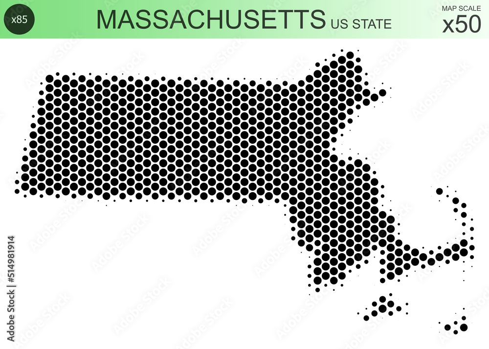 Dotted map of the state of Massachusetts in the USA, from circles, on a scale of 50x50 elements. With smooth edges in black on a white background. With a dotted element size of 85 percent.
