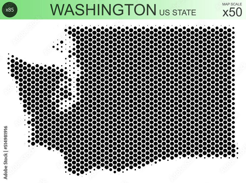 Dotted map of the state of Washington in the USA, from circles, on a scale of 50x50 elements. With smooth edges in black on a white background. With a dotted element size of 85 percent.