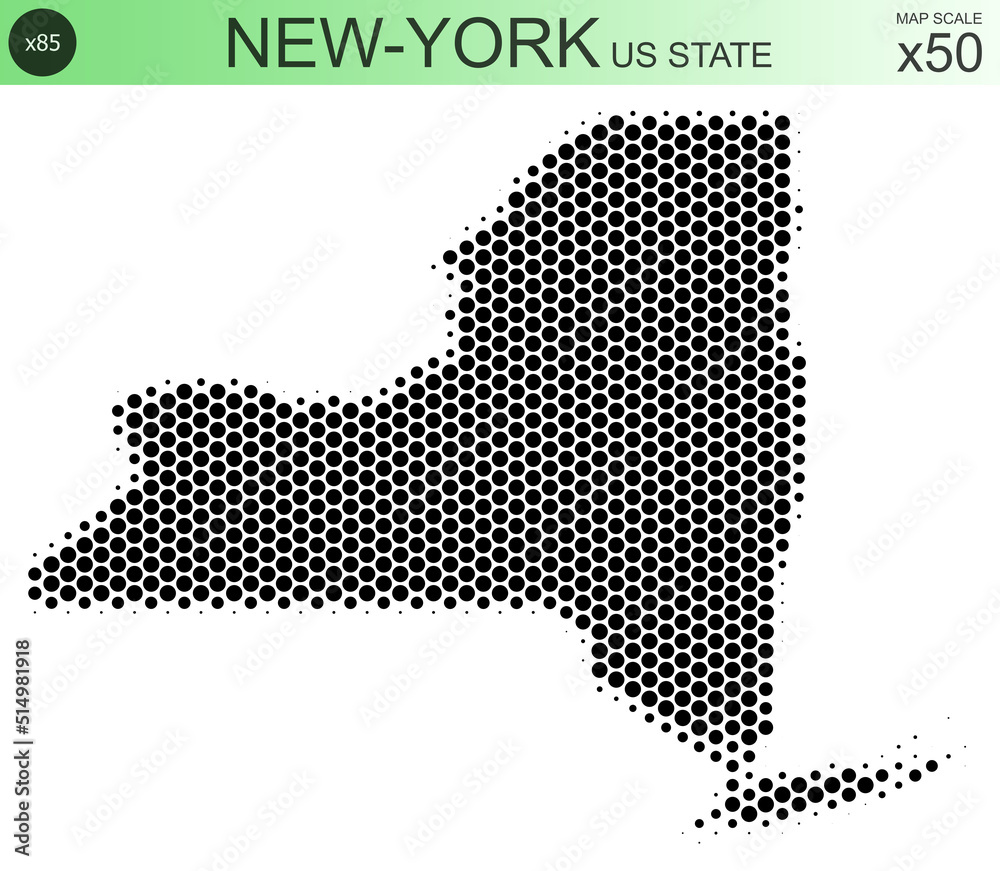Dotted map of the state of New-York in the USA, from circles, on a scale of 50x50 elements. With smooth edges in black on a white background. With a dotted element size of 85 percent.