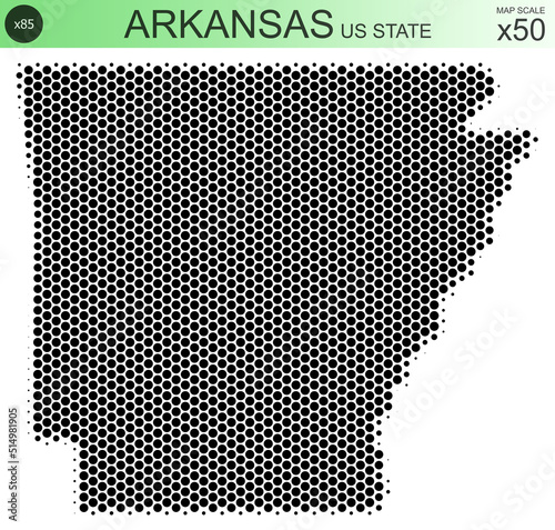 Dotted map of the state of Arkansas in the USA, from circles, on a scale of 50x50 elements. With smooth edges in black on a white background. With a dotted element size of 85 percent. photo