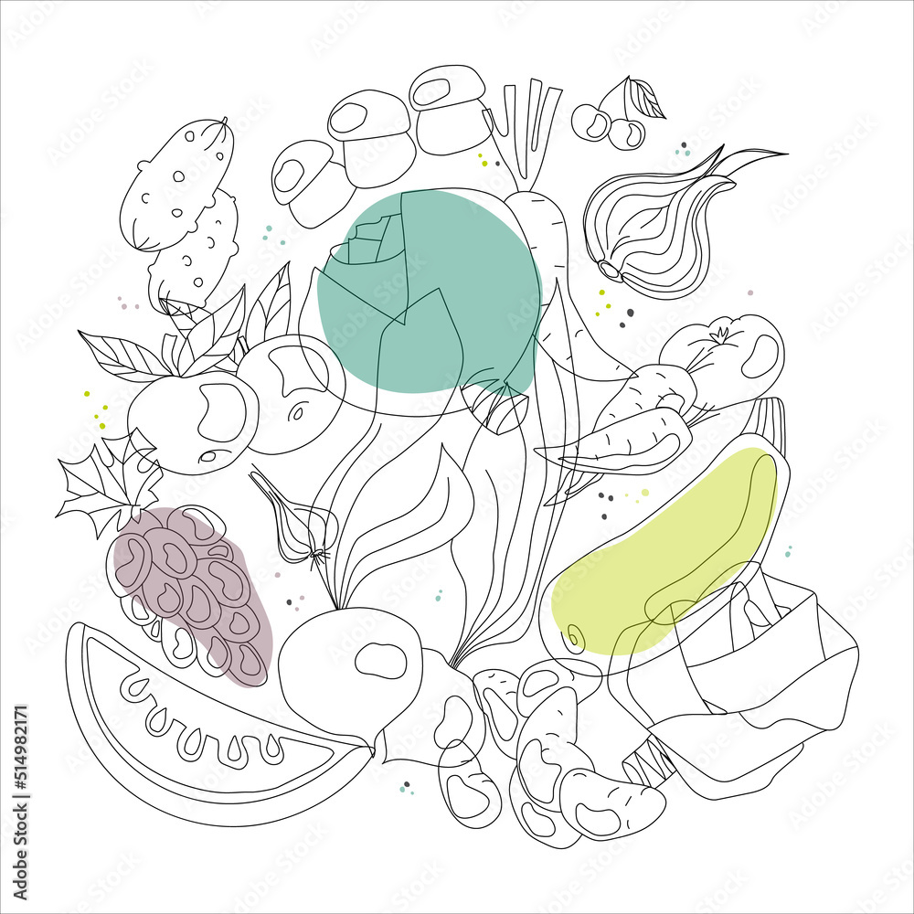 Organic healthy food with fruits and vegetables doodles illustration