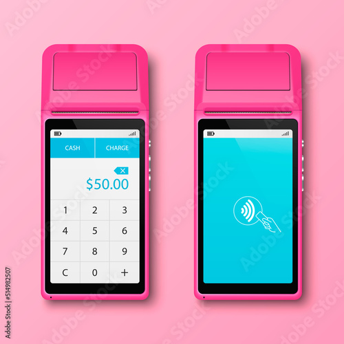 Vector 3d Pink NFC Payment Machine Set Isolated. Wi-fi, Wireless Payment. Screen with Amount and Wifi Sign. POS Terminal, Machine Design Template of Bank Payment Contactless Terminal, Mockup