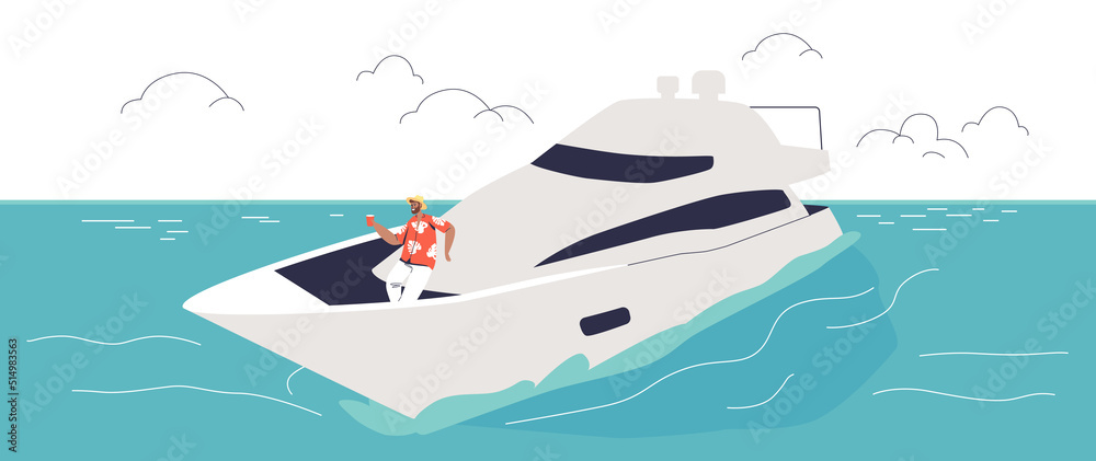 Man chilling on luxury yacht drink cocktail enjoy sea sailing. Young guy sailor spend time in sea