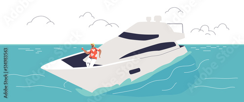 Man chilling on luxury yacht drink cocktail enjoy sea sailing. Young guy sailor spend time in sea