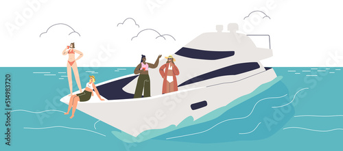 Girls party at luxury yacht in ocean. Group of young women enjoy summertime rest at open sea