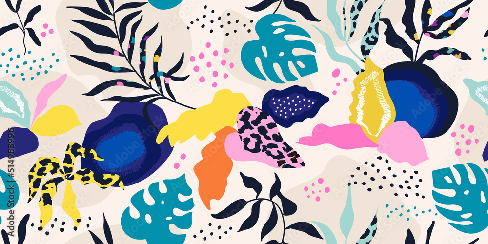Modern seamless pattern with exotic leaves and hand drawn details.Abstract background with tropical plants for paper, wallpaper, cover, fabric and other users. Vector illustration Modern seamless pattern with exotic leaves and hand drawn details.Abstract background with tropical plants for paper, wallpaper, cover, fabric and other users. Vector illustration