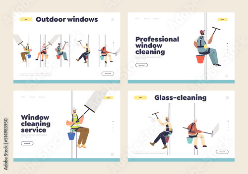 Outside window cleaning service landing pages set with cleaners hang outdoors washing glass wall