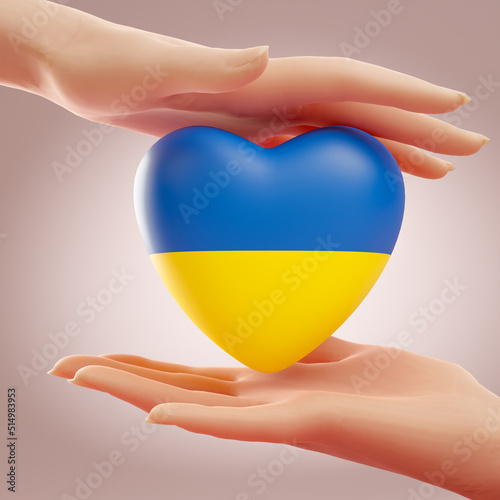 Two hands holding heart with flag of Ukraine. Concept of love, freedom, independence and country support. 3D rendering.